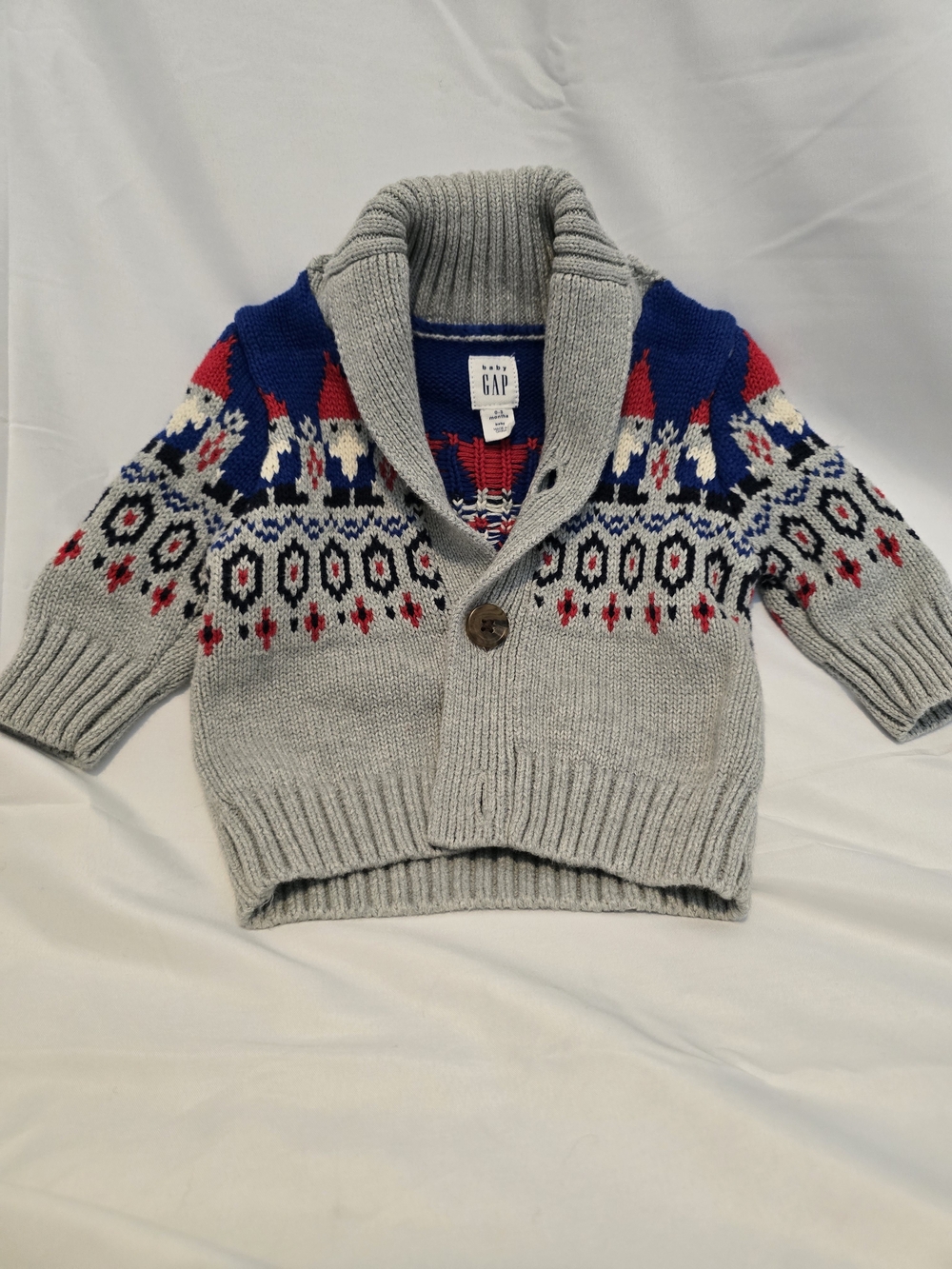 GAP Gray Shawl Collar Fair Isle Cardigan with Blue and Red Accents
